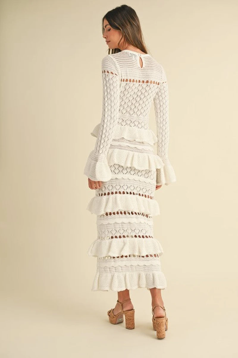 Cream Crochet Ruffled Midi Dress