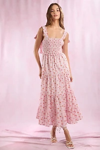 Pink Floral Tie Shoulder Maxi Dress