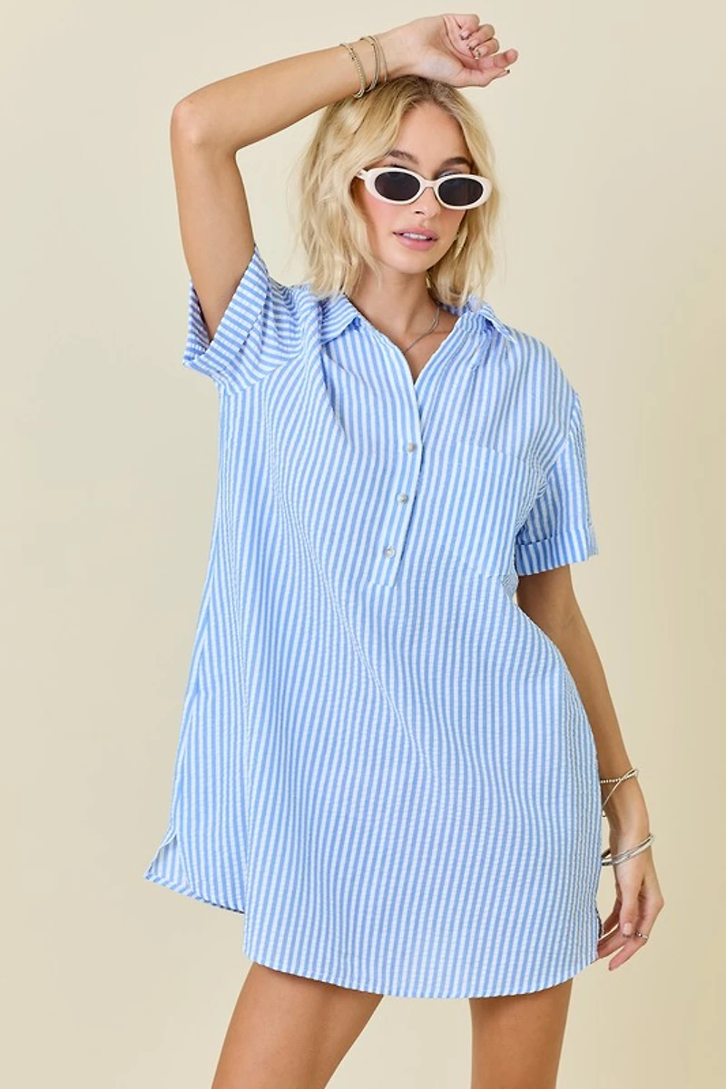 Striped Seersucker Dress W/ Pockets