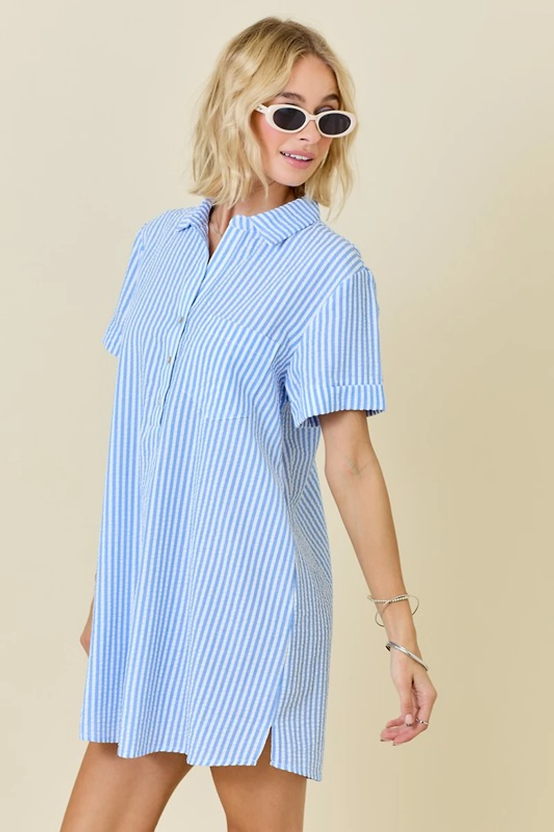 Striped Seersucker Dress W/ Pockets