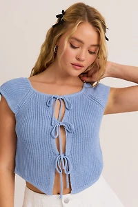 Blue Sleeveless Tie Cardigan
