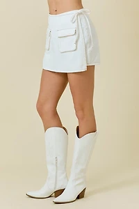 White Denim Pocket Wrap Skort