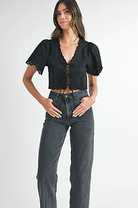 Black Linen Floral Top