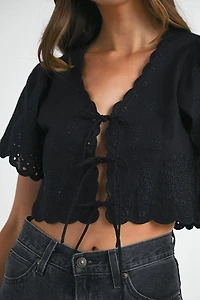 Black Linen Floral Top
