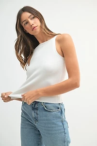 Off White Ribbed Knit Tank Top