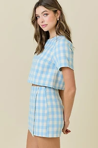 Gingham Tweed Short Sleeve Crop Top