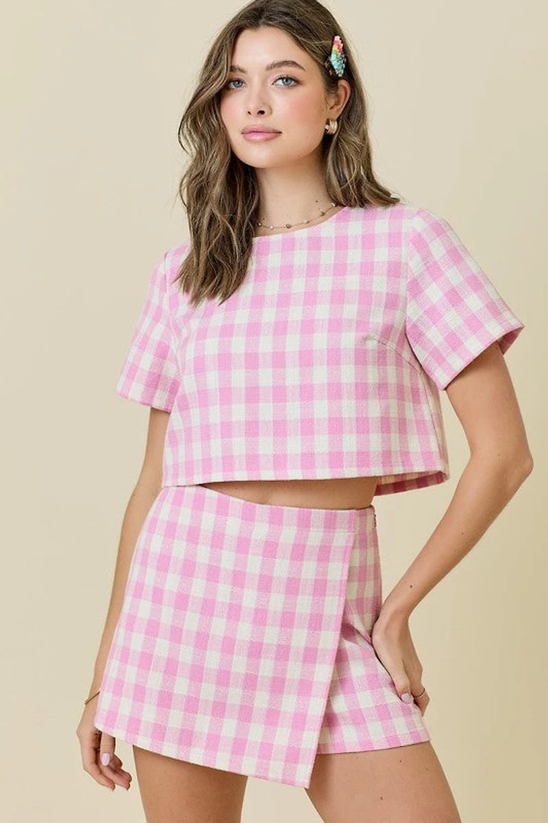 Pink Gingham Tweed Short Sleeve Crop Top