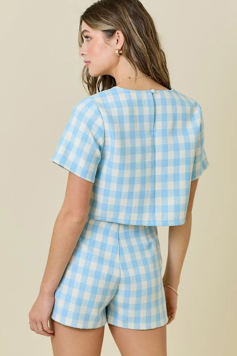 Gingham Tweed Short Sleeve Crop Top