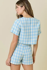 Gingham Tweed Short Sleeve Crop Top