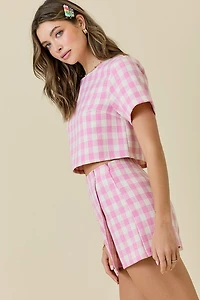 Pink Gingham Tweed Short Sleeve Crop Top