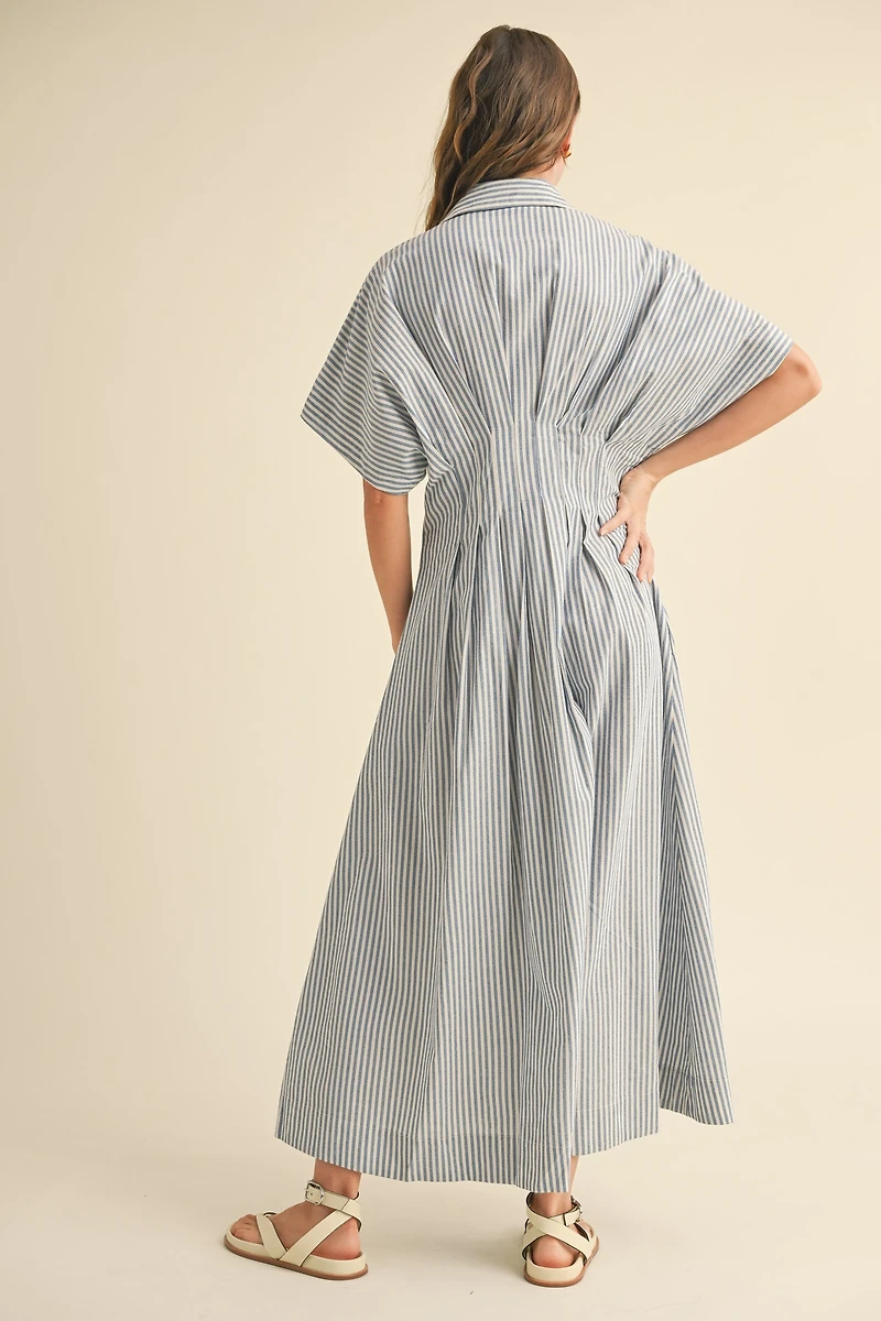 Blue Button Front Striped Dress
