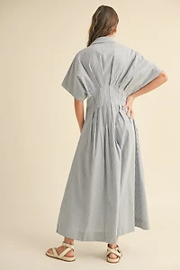 Blue Button Front Striped Dress