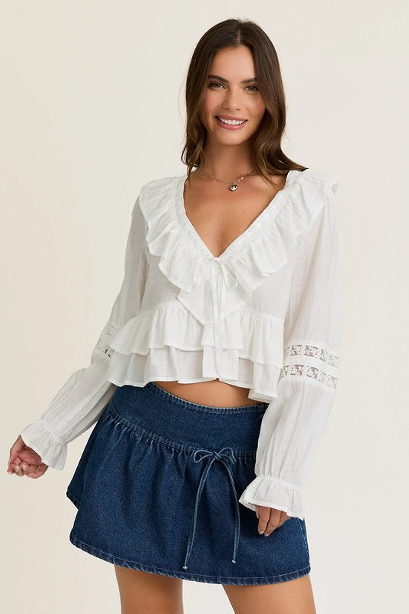 White V-neck Ruffle Top