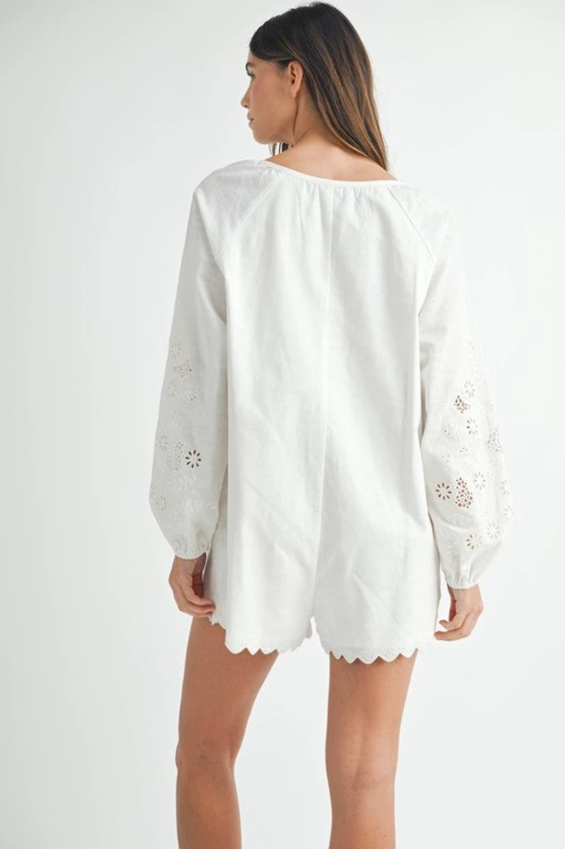 White Embroidered Long Sleeve Romper