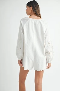 White Embroidered Long Sleeve Romper