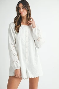White Embroidered Long Sleeve Romper