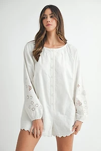 White Embroidered Long Sleeve Romper