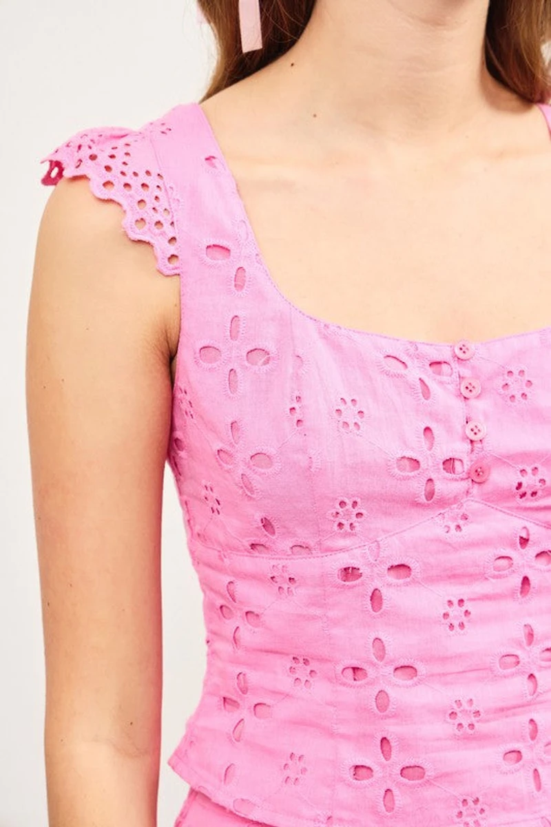 Pink Tie Eyelet Lace Top