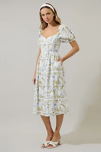 White Floral Puff Sleeve Midi Dres