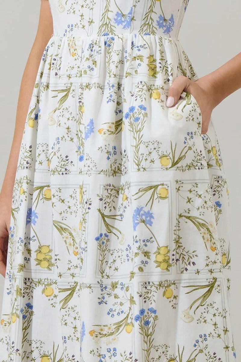 White Floral Puff Sleeve Midi Dres