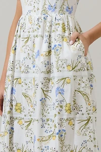 White Floral Puff Sleeve Midi Dres