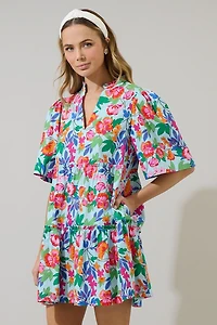 Multi Floral Split Neck Shift Dress