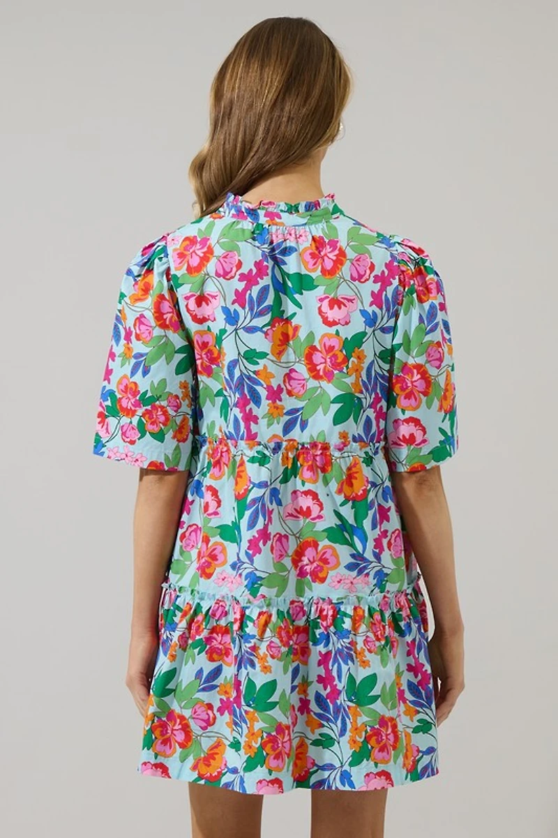 Multi Floral Split Neck Shift Dress
