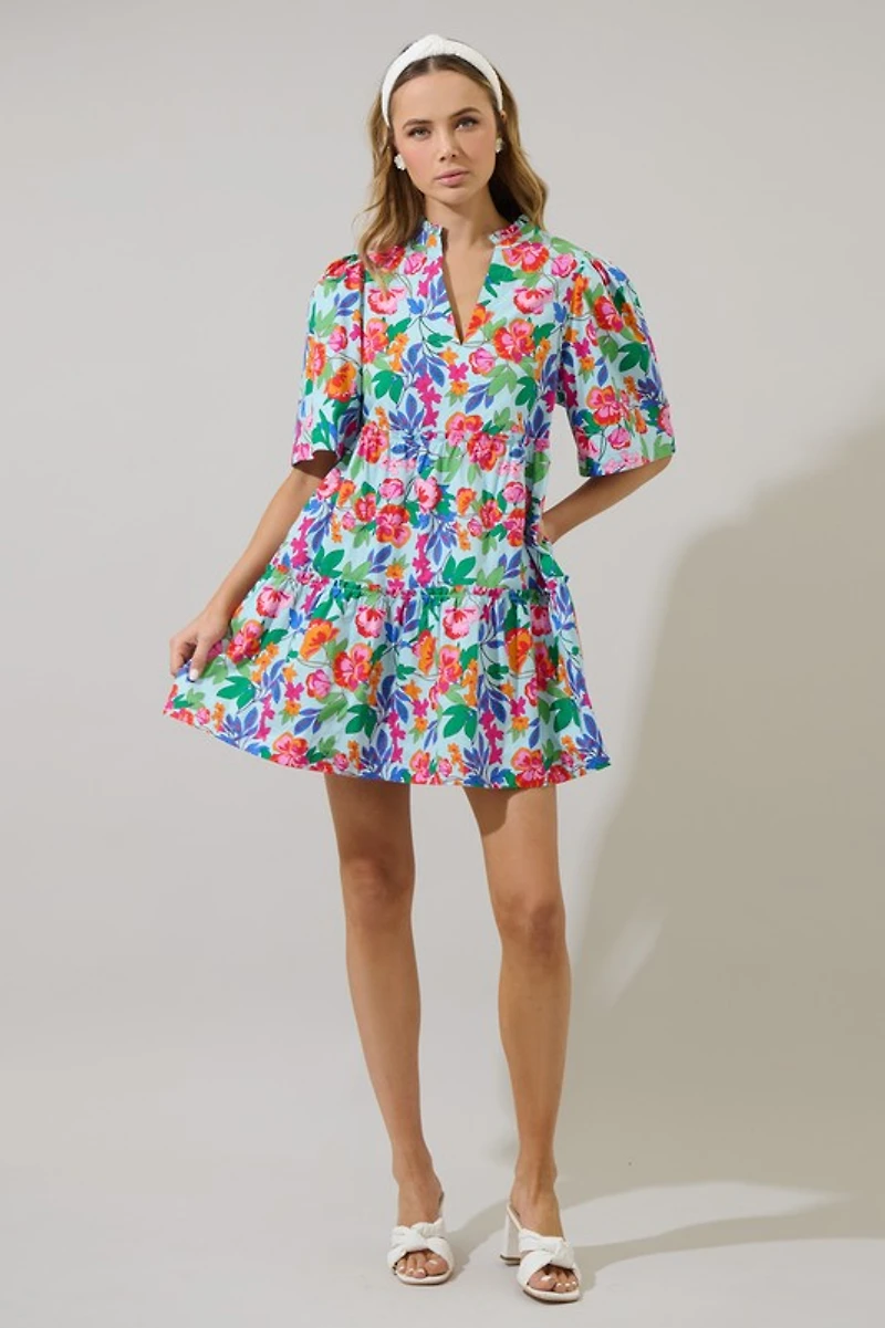 Multi Floral Split Neck Shift Dress