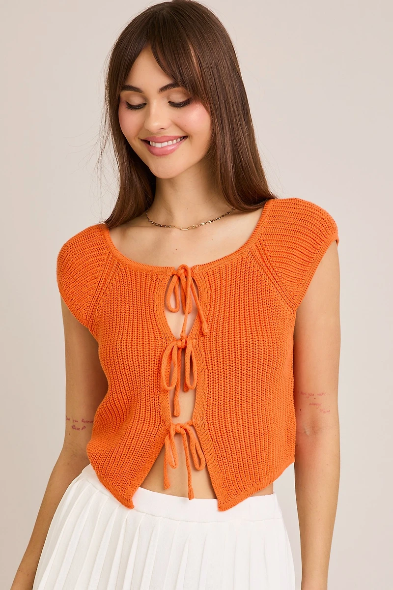 Orange Sleeveless Tie Cardigan