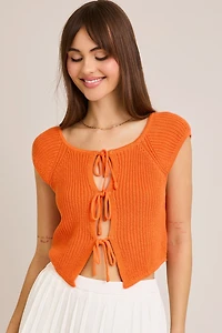 Orange Sleeveless Tie Cardigan