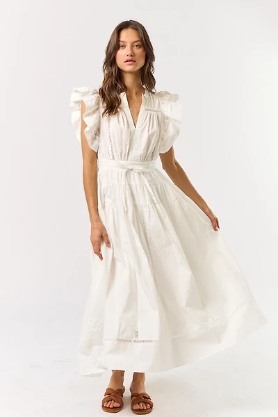 White Ruffle Sleeve Maxi Dress
