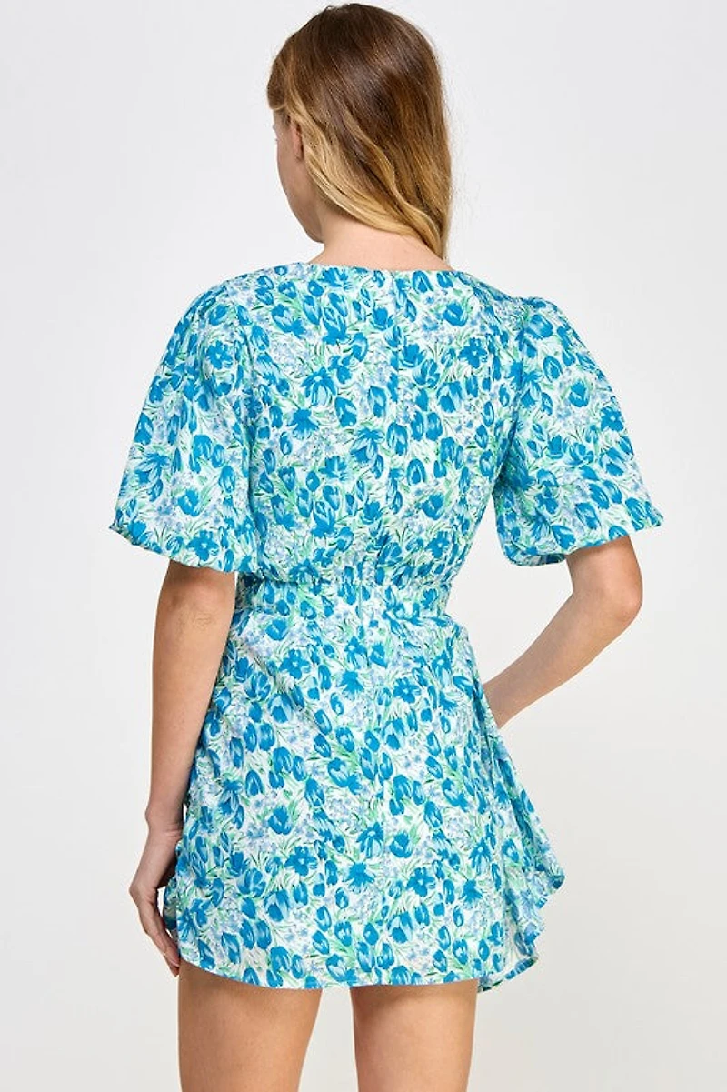 Blue Floral Puff Sleeve Dress