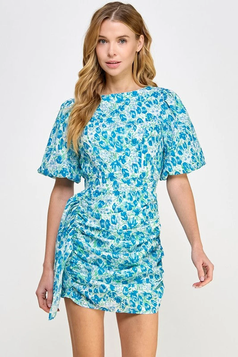 Blue Floral Puff Sleeve Dress