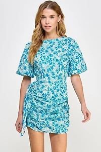 Blue Floral Puff Sleeve Dress