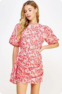 Cherry Pink Floral Puff Sleeve Dress