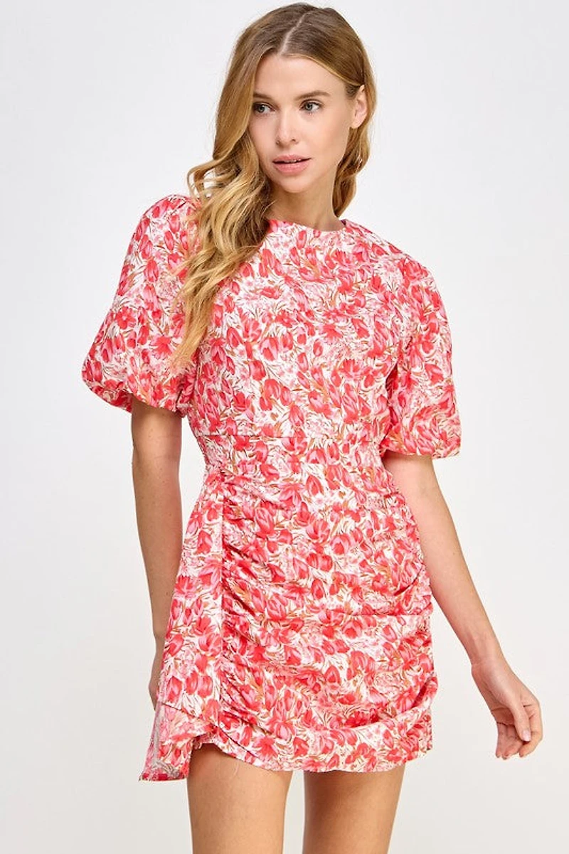 Cherry Pink Floral Puff Sleeve Dress
