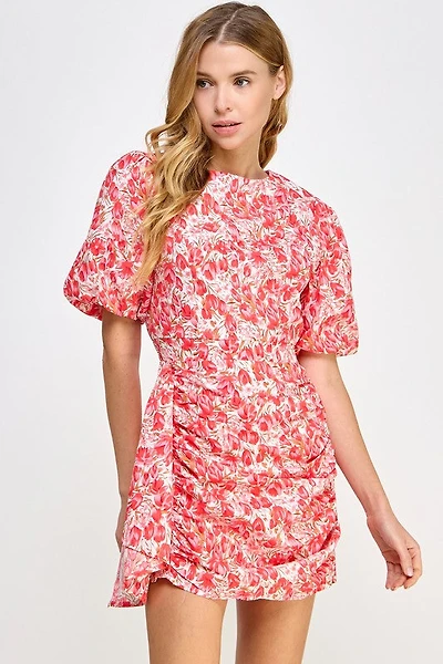 Cherry Pink Floral Puff Sleeve Dress