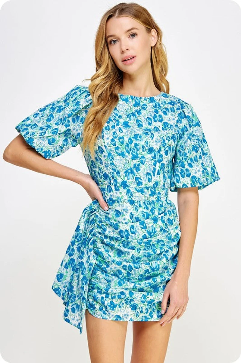 Blue Floral Puff Sleeve Dress