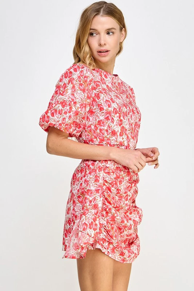 Cherry Pink Floral Puff Sleeve Dress