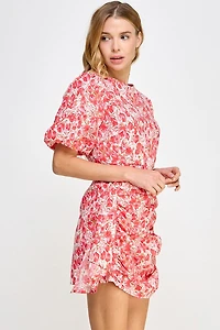 Cherry Pink Floral Puff Sleeve Dress