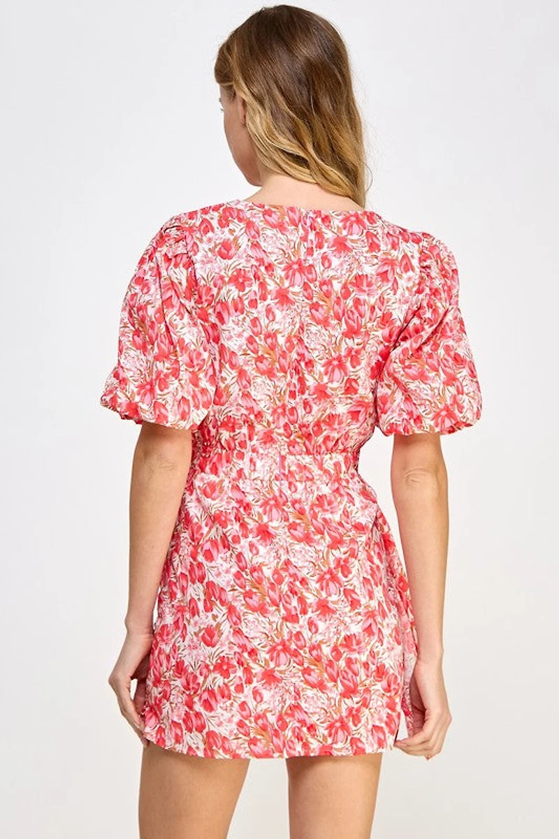 Cherry Pink Floral Puff Sleeve Dress