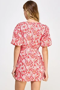 Cherry Pink Floral Puff Sleeve Dress
