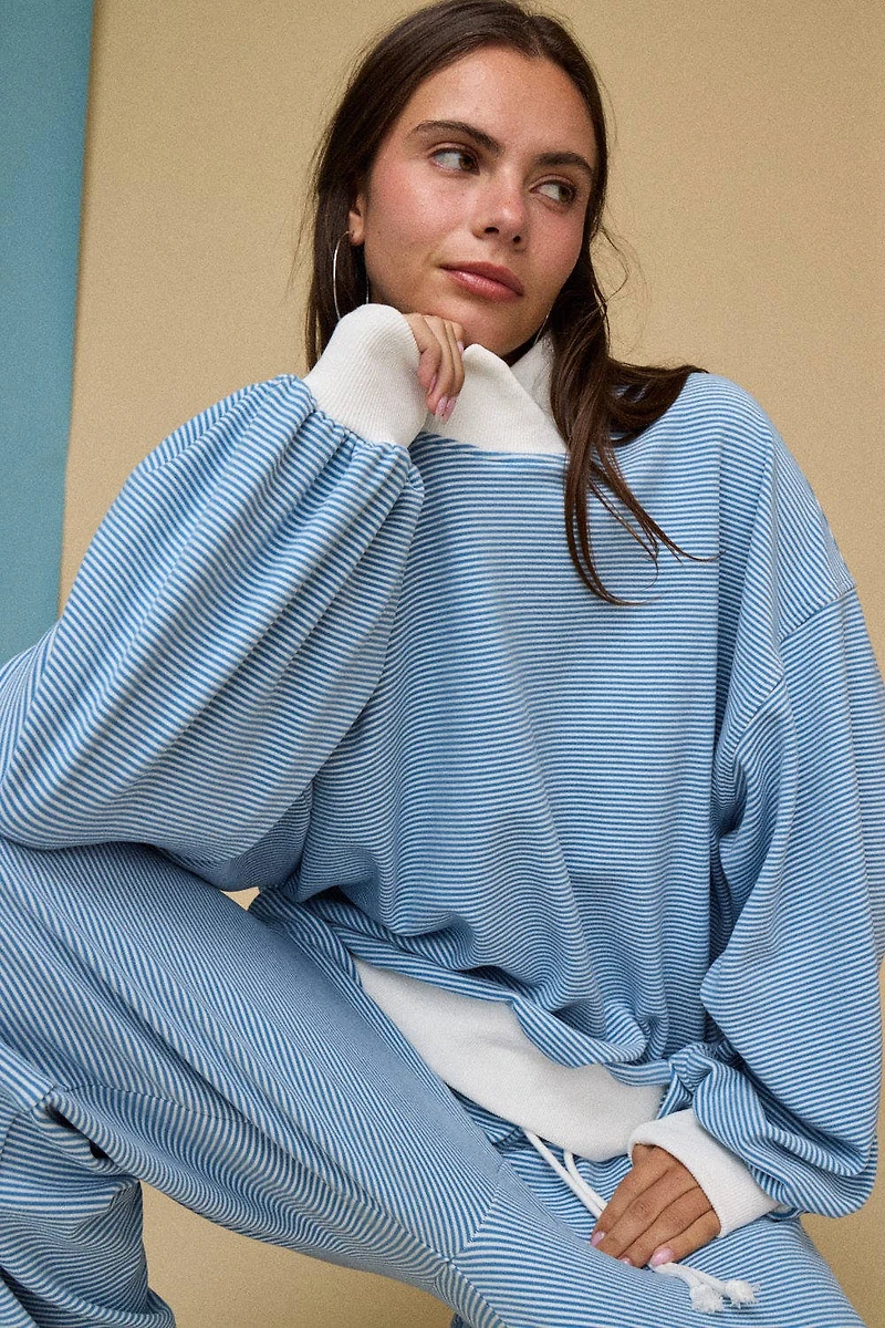 Blue Mockneck Stripe Lounge Set