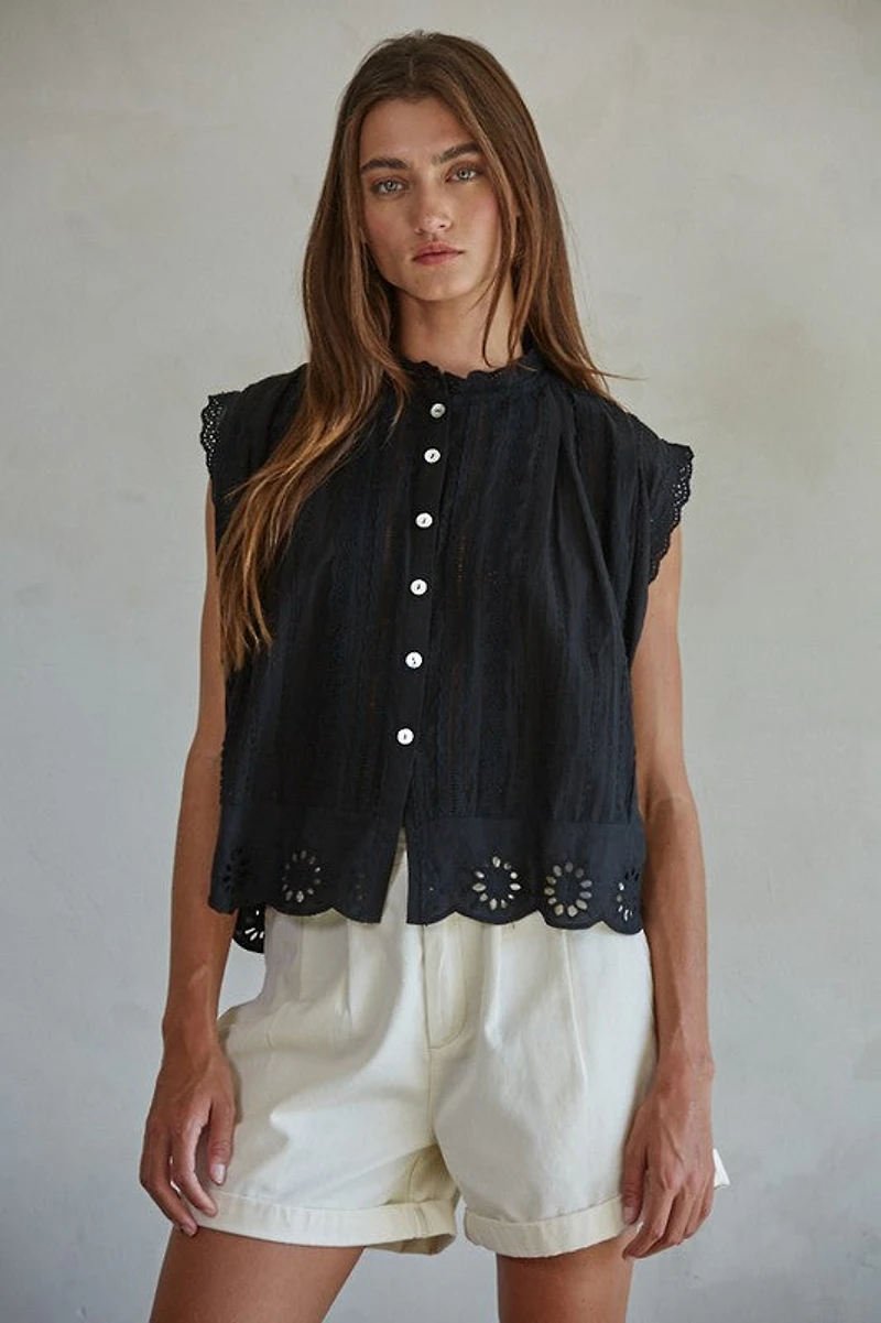 Black Adva Eyelet Buttondown Top