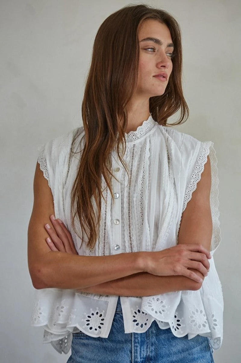White Adva Eyelet Buttondown Top