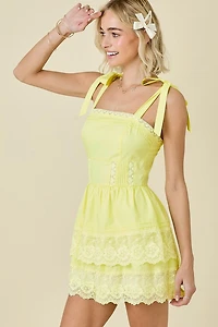 Yellow Shoulder Tie Double Tiered Mini Dress