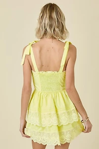 Yellow Shoulder Tie Double Tiered Mini Dress