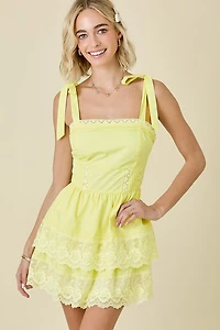 Yellow Shoulder Tie Double Tiered Mini Dress