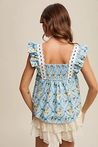 Blue Floral Smocked Top