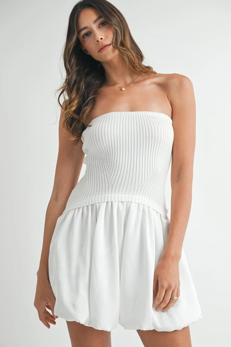 White Ribbed Balloon Tube Mini Dress